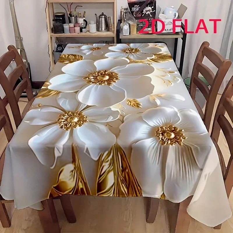 Tablecloth: 1 piece, 2d flat. Luxurious design featuring golden and white flowers - yzb
