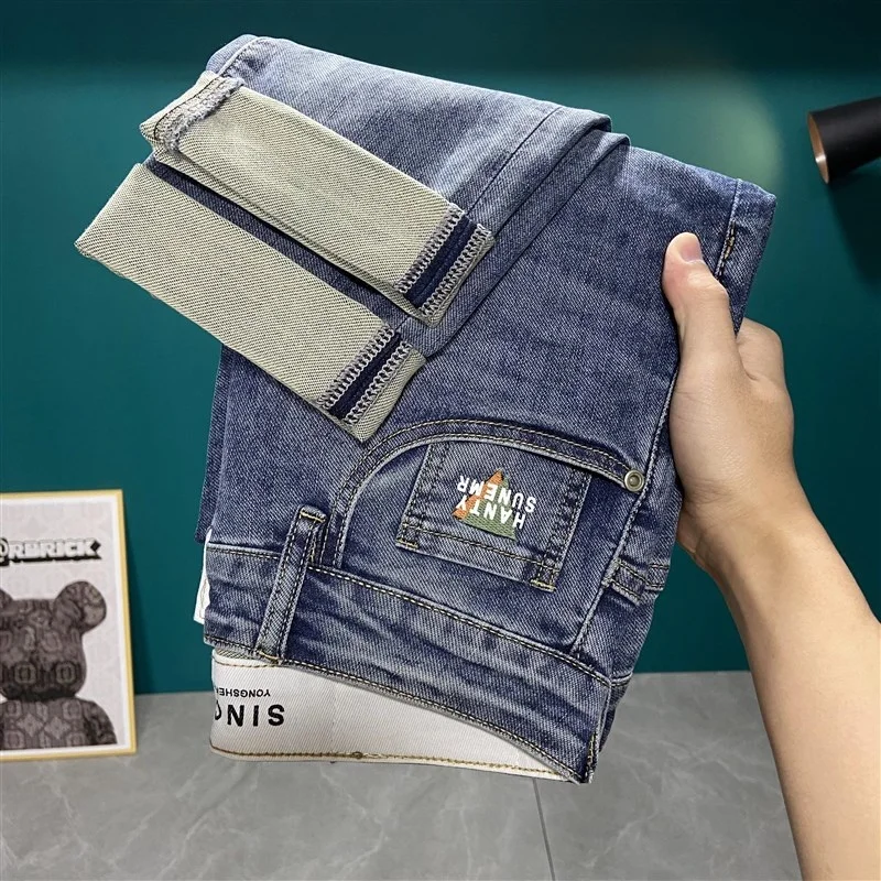 

High-End Lightweight Blue Embroidered Printed Jeans Men's Summer Trendy Slim Fit Casual Elastic Long Pants Cotton Stretch Denim
