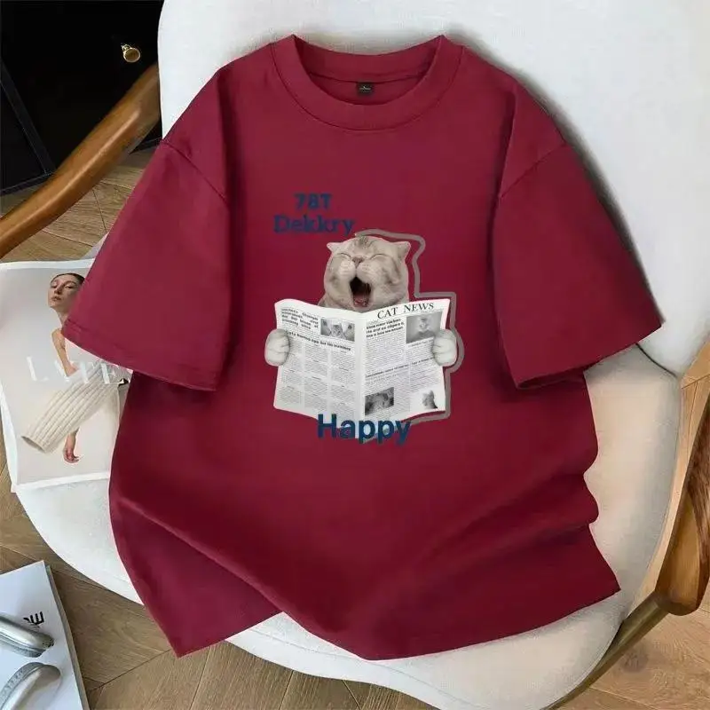 Men's T-shirt American Retro Style Heavyweight Pure Cotton Grey Fun Cat Newspaper Print Short-sleeved