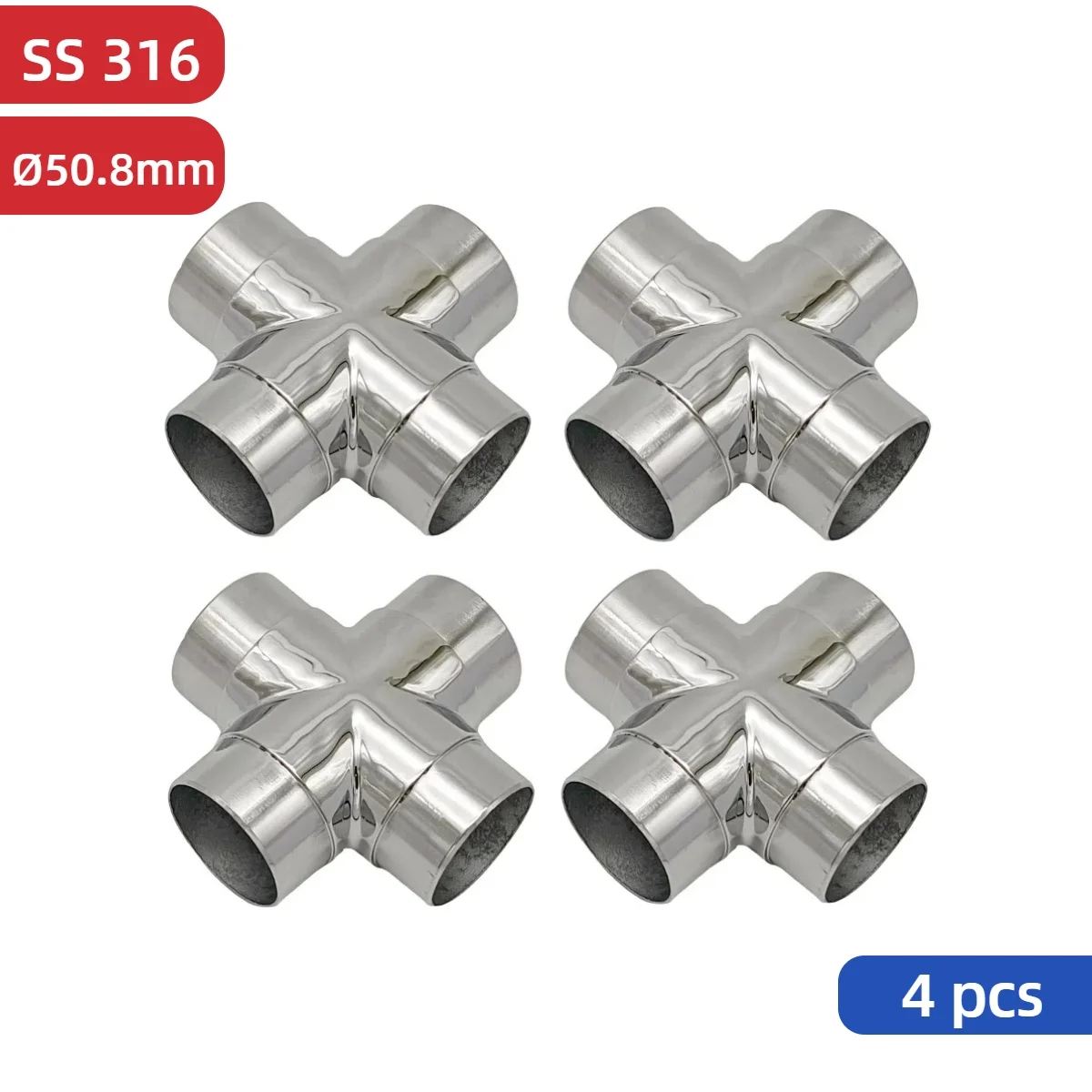 4PCS 316 Stainless Steel 50.8mm Stair Railing Handrail Fitting 4 Way Cross Tube Connector