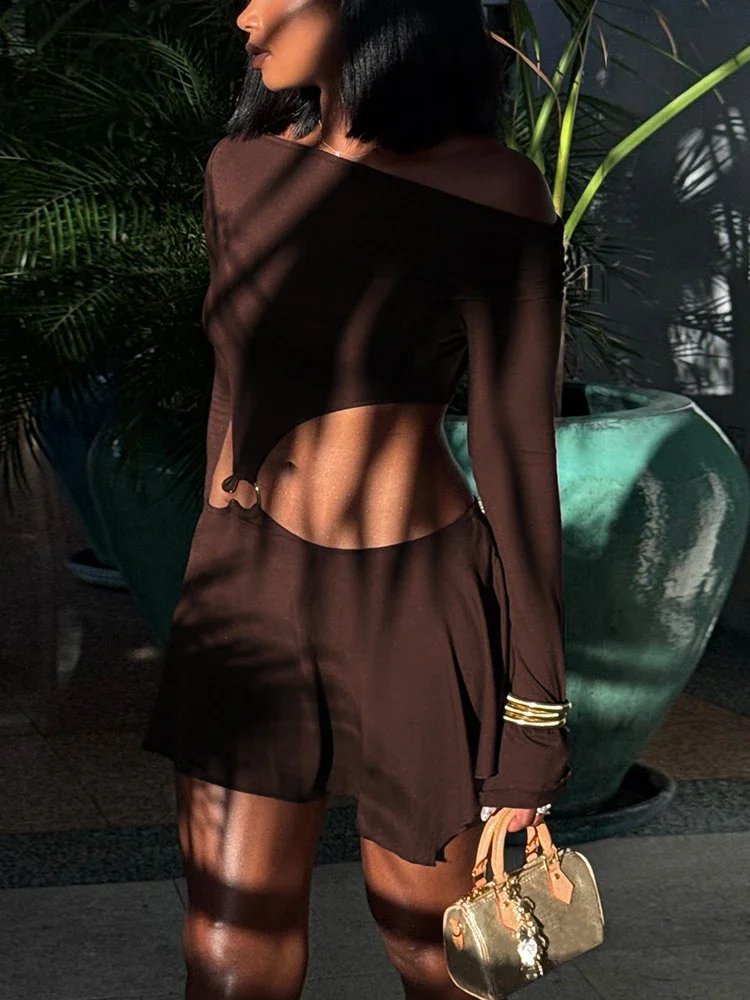 Waistless Slash Neck Women Mini Dresses Sexy Hot Slash Neck Draped Full Sleeve Frock Classic Midnight Party Club Vestidos