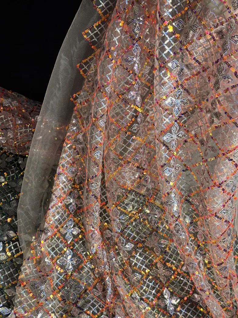 1yard Magical crystal lattice iridescent sequin embroidery fabric Creative designers customize dresses fabric for sewing