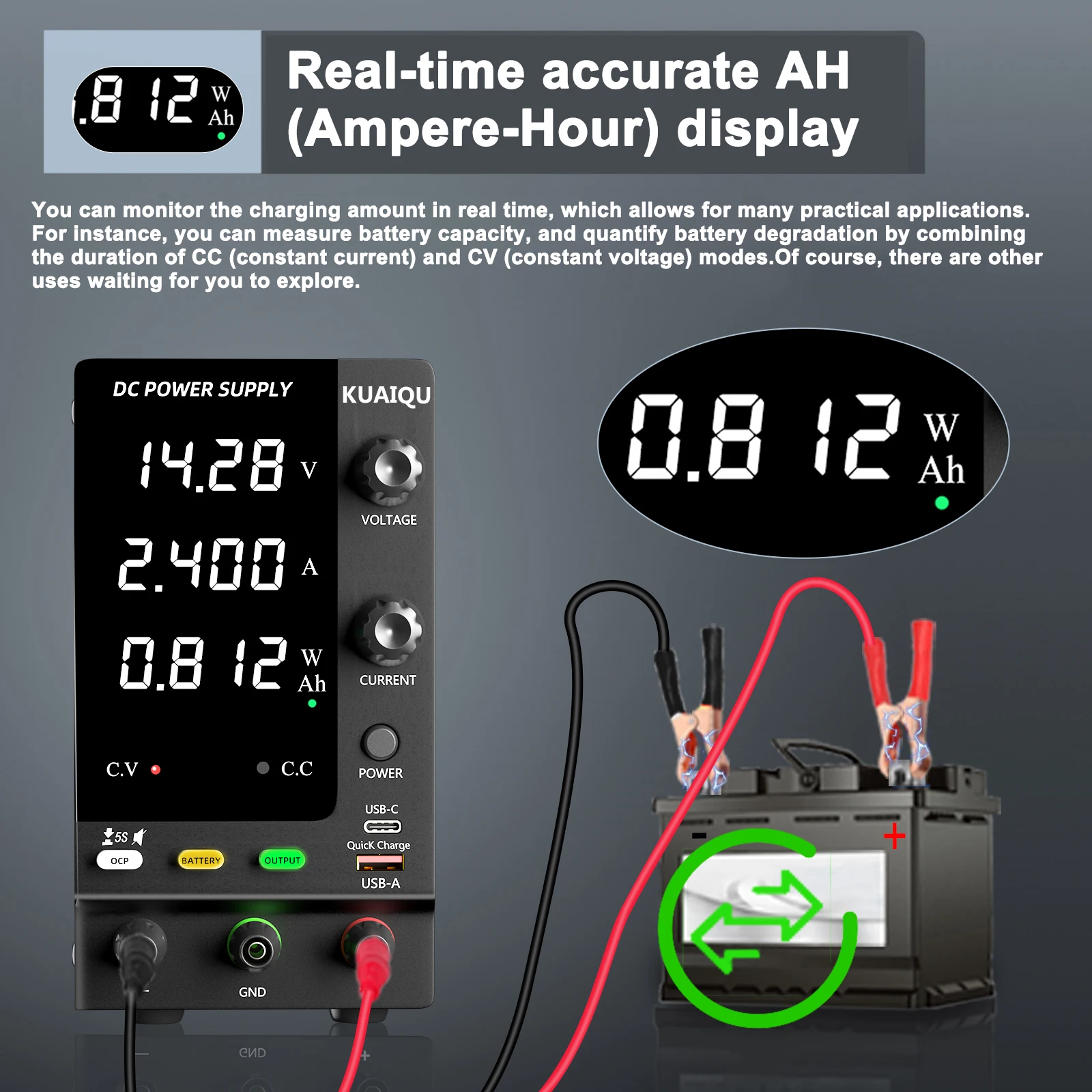 KUAIQU Adjustable Power Supply For Recharge, 6V 12V 24V LiFePO4 etc. Battery Charger, 32V 61V Regulated Lab Bench Power Supply