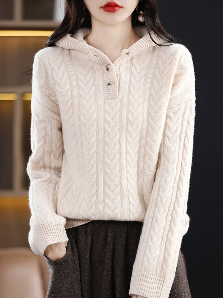 

Autumn Winter Women 100% Merino Wool Knit Pullover Sweater Long Sleeve Cashmere Sweater Hooded Twist Flower Sweater Thick Warm