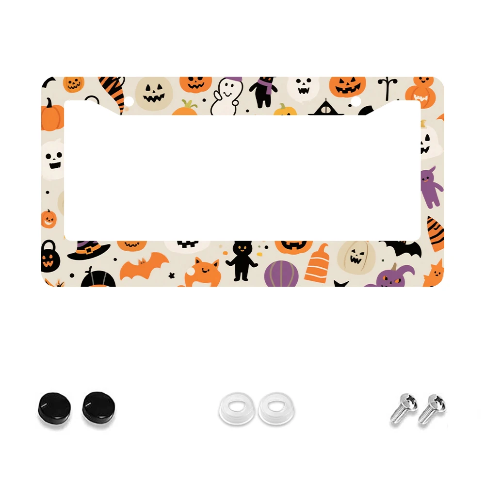 

1 шт. оранжево-белый Хэллоуин тыква призрак узор 2 отверстия рамка номерного знака алюминиевый материал 6x12 дюймов с набором винтов Fu
