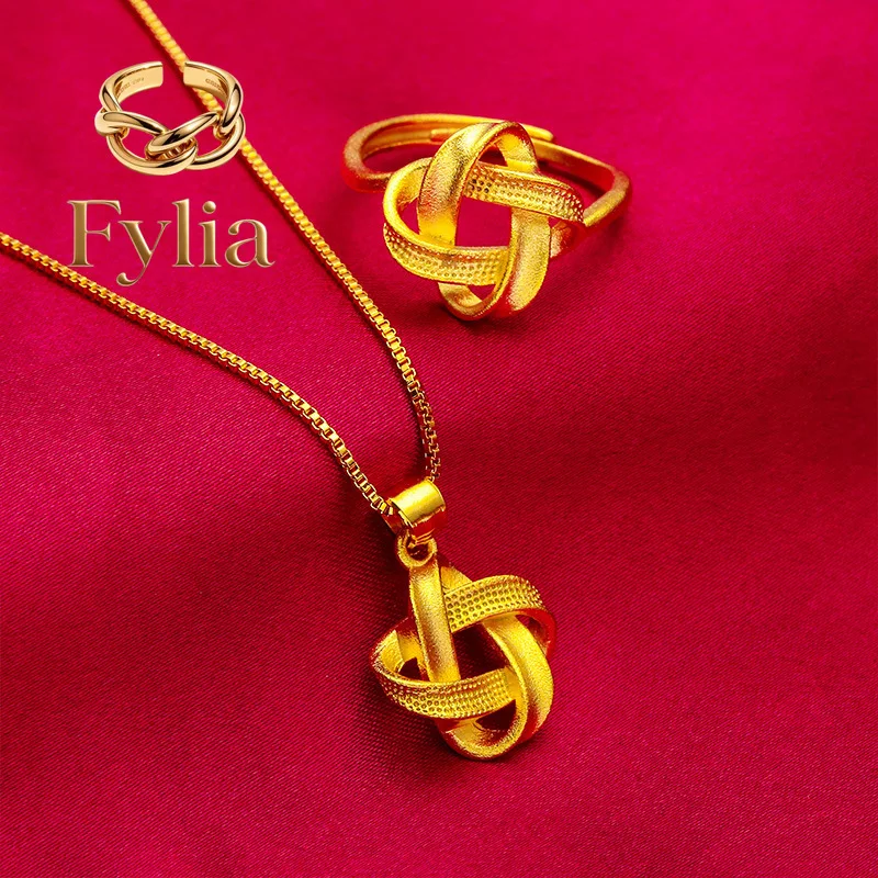 Fylia Jewelry   24K Golden Twist Ring Necklace Set AU999 Full Gold, Three-dimensional Twist Weaving, Daily Stacking