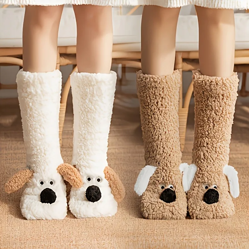 1 Pair Women'S Cute Puppy Floor Socks in Black/Apricot/White, Lint-Free And Machine Washable. Cartoon Animal Fluffy Socks