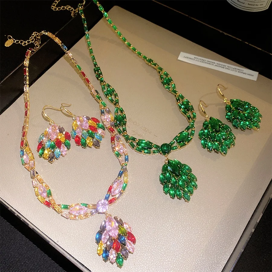 Marquise Cut Crystal Jewelry Set Leaf Tassel Pendant Choker Necklace Drop Earring Rhinestone Collar Elegant Party Fashion Gift