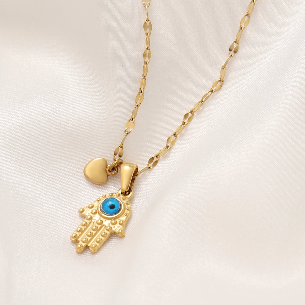 Trend Colorful Devil's Eye Beads Necklace For Women Stainless Steel Lip Chain With Fatima Hand Pendant Choker Jewelry Wholesale image 3