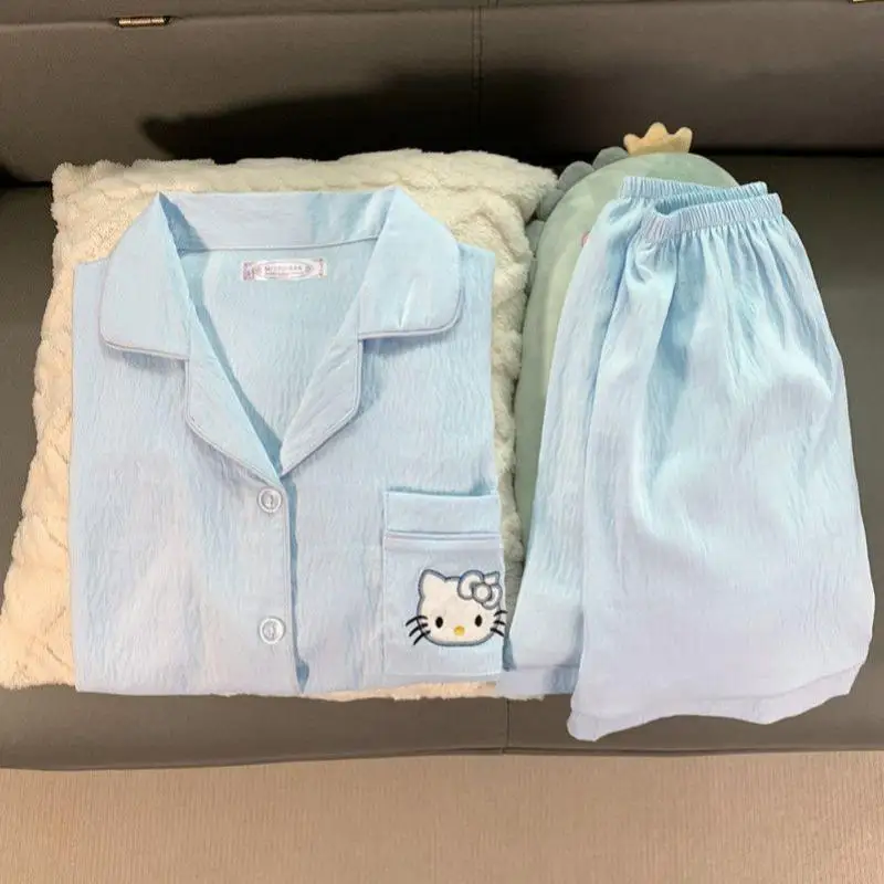 

Kawaii Sanrio Hello Kitty Cute Pajamas Hot Girl Spring and Autumn Long Sleeves Trousers Nightgown Home Clothes Sleepwear 2025New