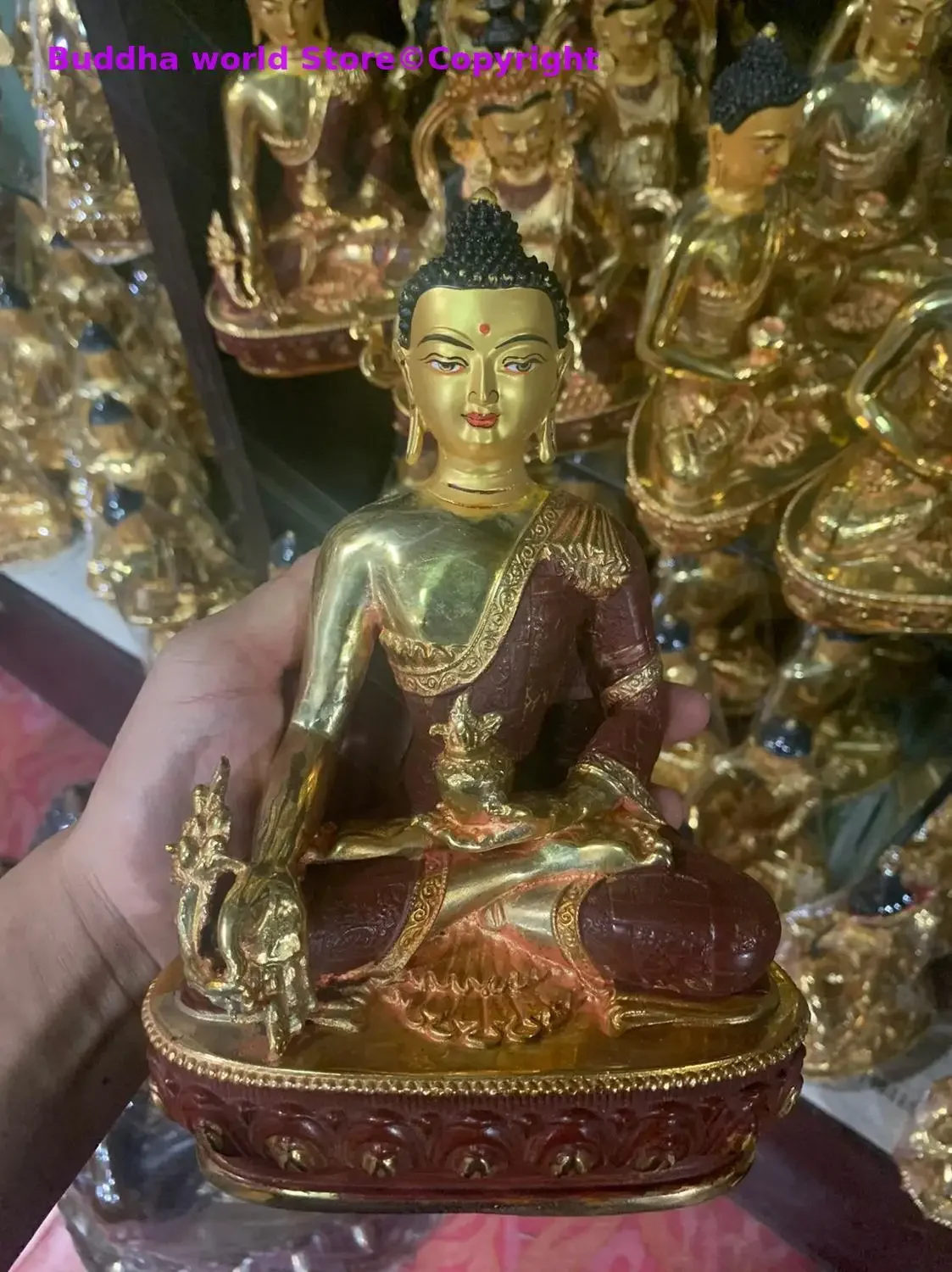 

Wholesale Buddhist supplies HOME family Talisman Protection Buddhism Gilding Omnipotent Medicine Buddha copper statue