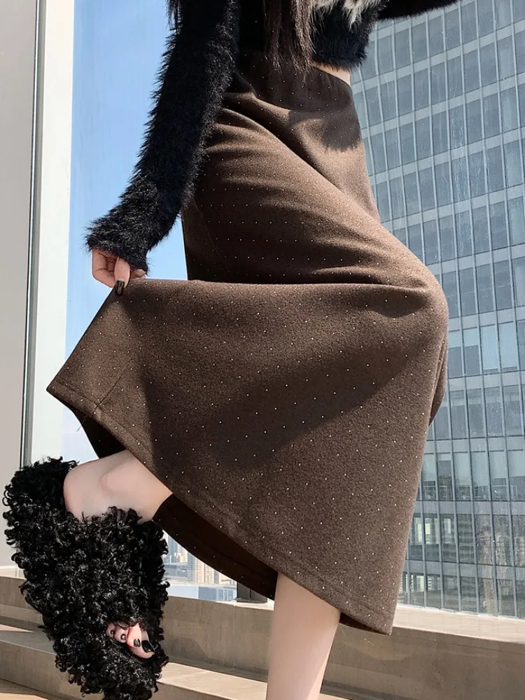 Spódnica damska Thiened, zimowa, w kratę, dzianinowa, z wysokim stanem, o kroju litery A, do pracy, z włókna poliestrowego, z wysokim stanem.