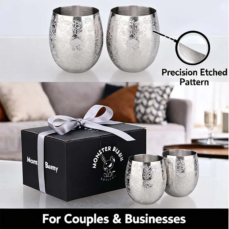 350 مللي الفولاذ المقاوم للصدأ Stemless كأس للنبيذ محفور نمط بهلوان معدني دون مقبض Stemless كوب مارتيني لشريط المنزل الطرف