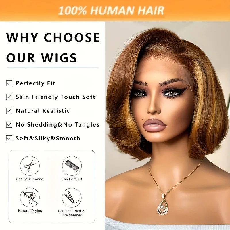 Straight Ombre Lace Front Wig Human Hair 18inch 4/27 Highlight Wig Human Hair Pre-plucked, 13x4 Straight Honey Blonde Mix Brown image 5