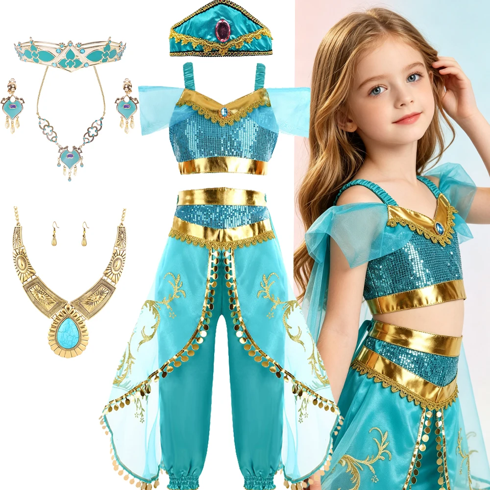Girls Sparkly Blue Arabian Princess Costume Set with Necklace Earrings Headpiece Fancy Dress Up Outfit for Halloween Birthday