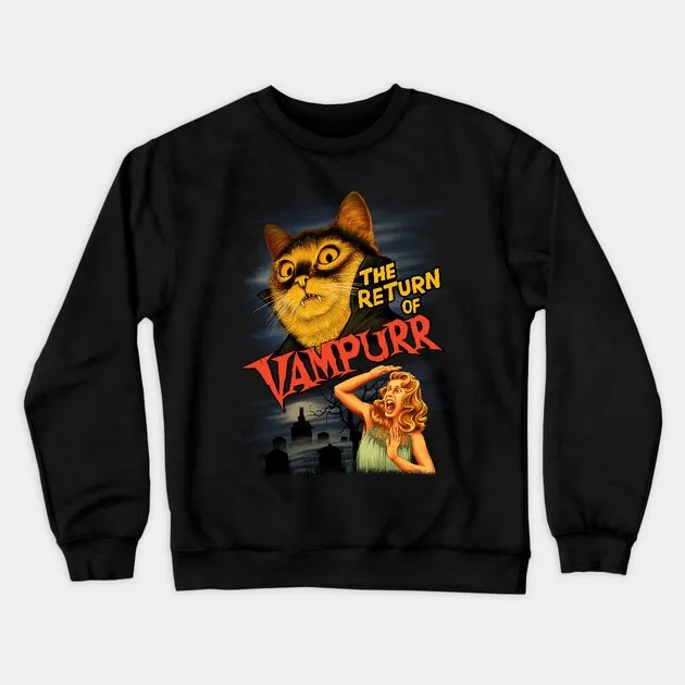 

Осенне-зимний стиль, жуткий — кот — толстовка с юмором, графика «THE RETURN OF VAMPURR» для модного и женского образа