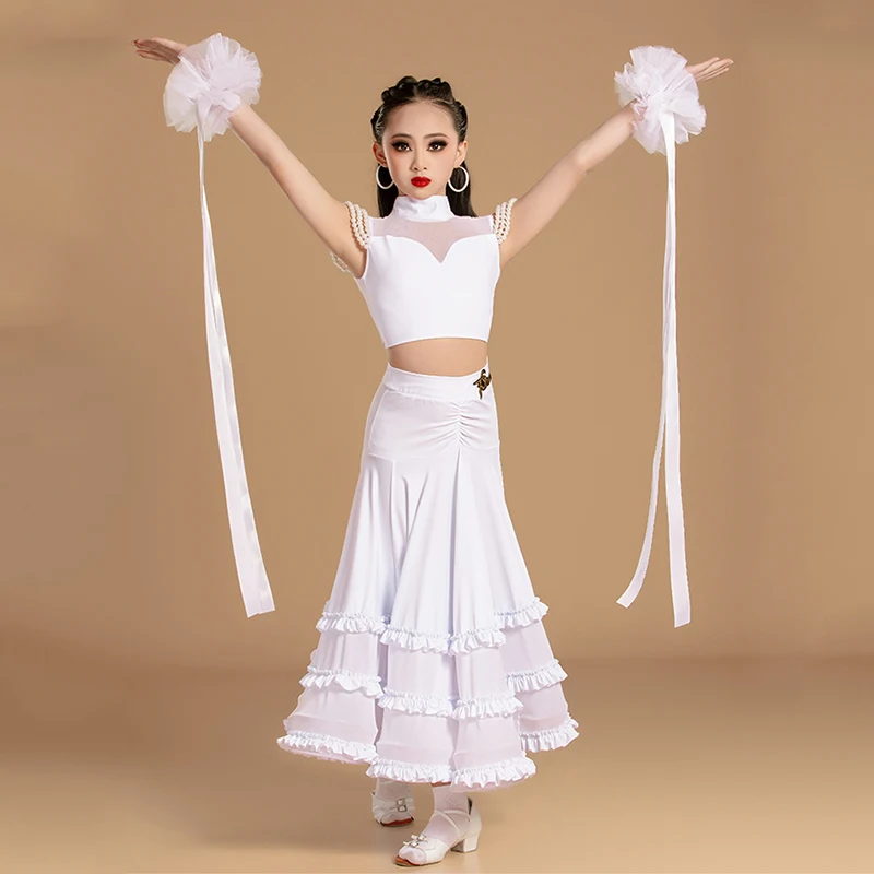 Vêtements de danse de salon pour filles, Costume de spectacle de danse Walrz, hauts en perles, jupe longue, vêtements de concours de danse de salle de bal BL14914