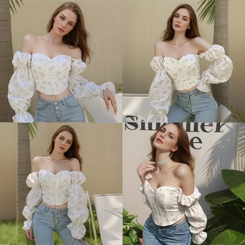 Women\'s Floral Off Shoulder Ruffle Trim Puff Long Sleeve Tube Crop Blouse Shirt Top