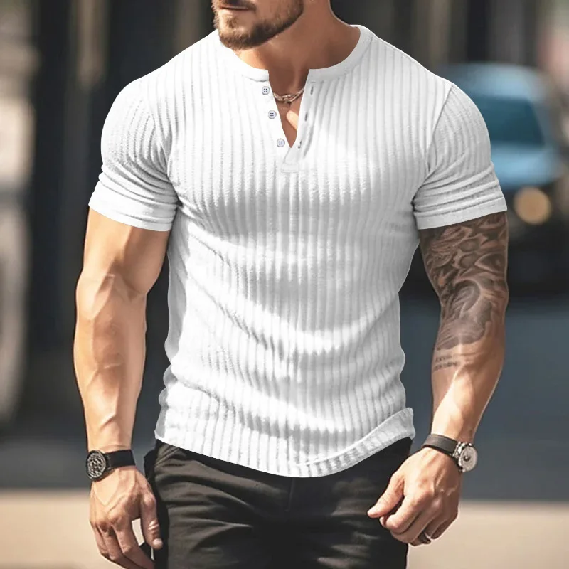 Summer  Men\'s T Shirts Solid Color V-neck Short Sleeve Knit Elastic Force Casual Men Clothing Streetwear Tee Tops S-3XL