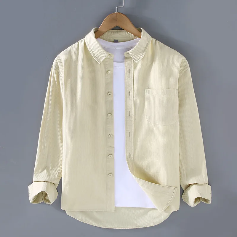 

100% Cotton Long Sleeve Man Shirts 2025 Spring Summer Daily Casual Tops Pocket Vertical Striped Texture Shirt Men Loose Shirts