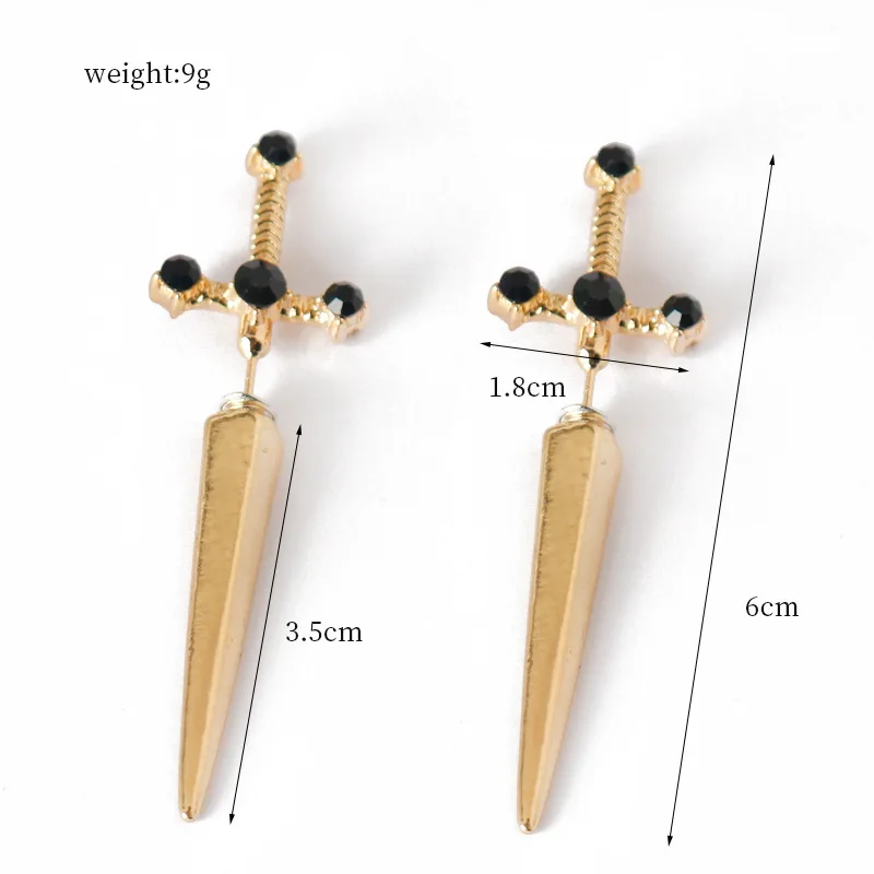 남성용 고딕 소드 귀걸이, 블랙 크리스탈 스터드 귀걸이, 힙합 파티 귀 쥬얼리