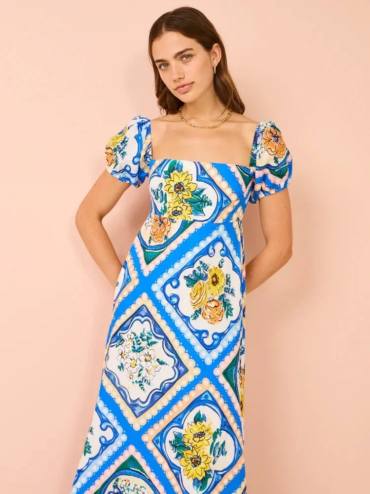 Robe longue sexy à manches bouffantes et imprimé graffiti pour femmes, robes décontractées, robe maxi élégante, vêtements de mode, fête, club, Rh, nouveau, 2024