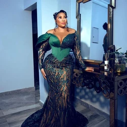 Dark Green Aso Ebi Mermaid Prom Dresses Arabic Plus Size Lace Long Sleeves Evening Gowns Lace Up Back Bodice Party Dress