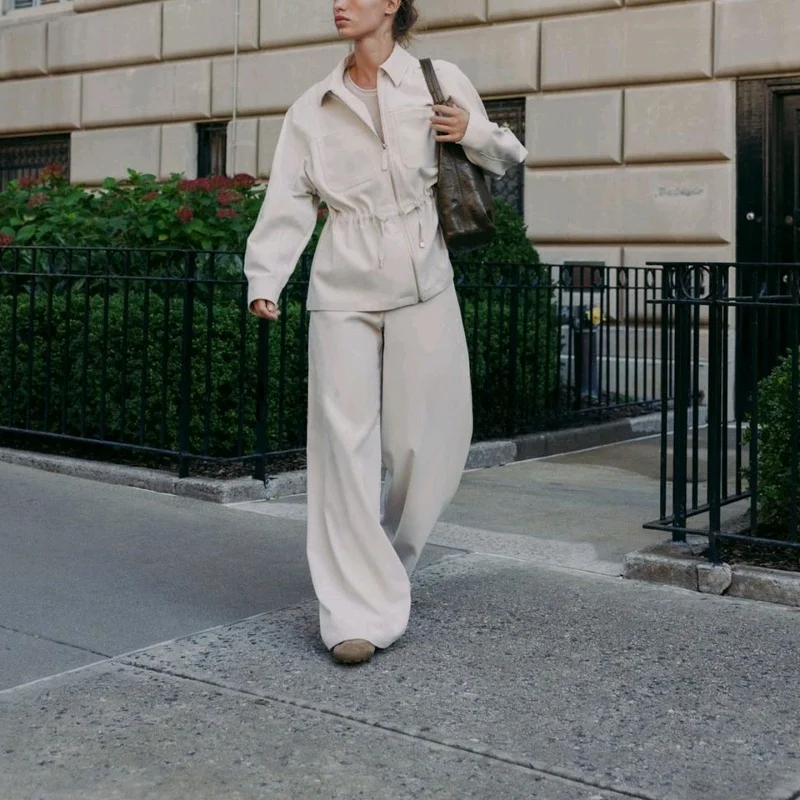 High Waist Wide Leg Casual Long Pants Coat ket Decorated Flip Collar Waist ket Women's Faion Set Autumn Season