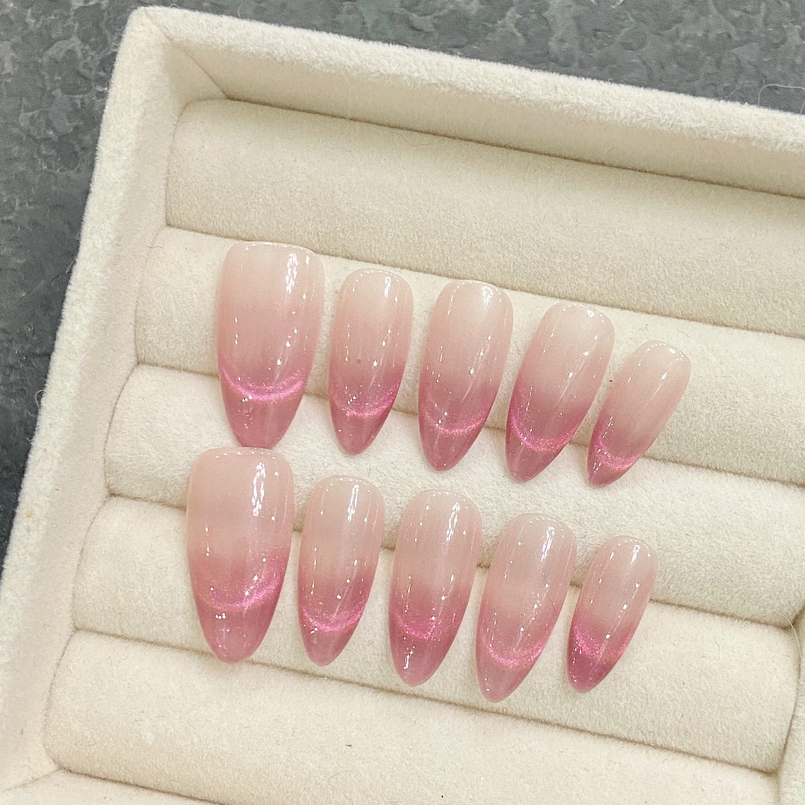 

10pcs Gradient Pink Press On Nails Cat's Eye Handmade French Style False Nails Full Cover Ballerina Wearable Manicure Art