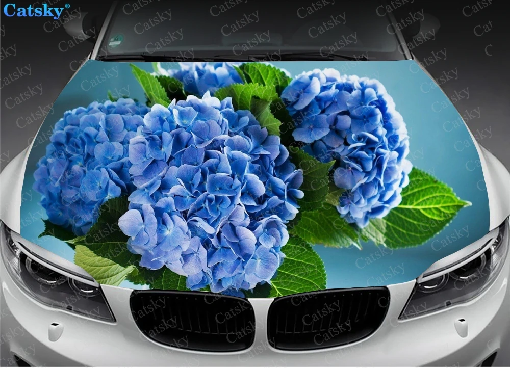 Blue Hydrangea Flower Car Hood Vinyl Stickers Wrap Film Engine Cover Decals Universal Auto Accessories Hood Protective Films