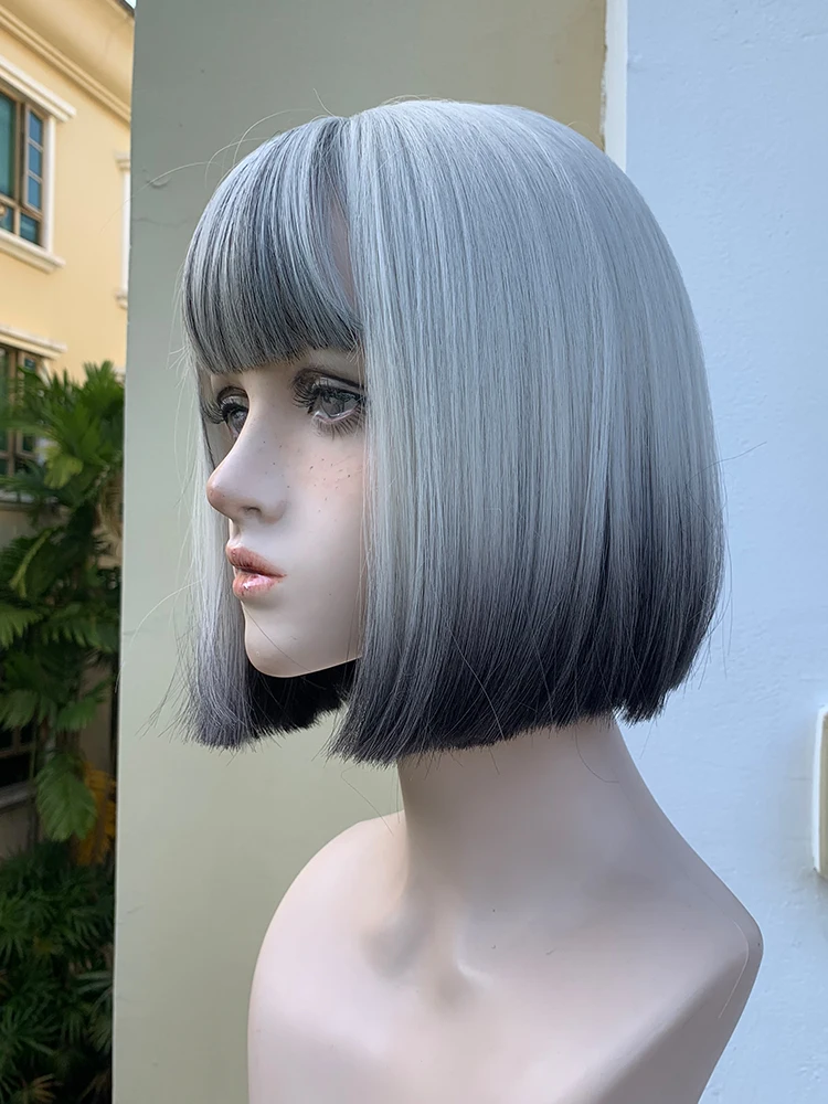 

Gray Gradient Dark Gothic Style Punk Dress up Bangs Personality Lady Wig Realistic Wigs