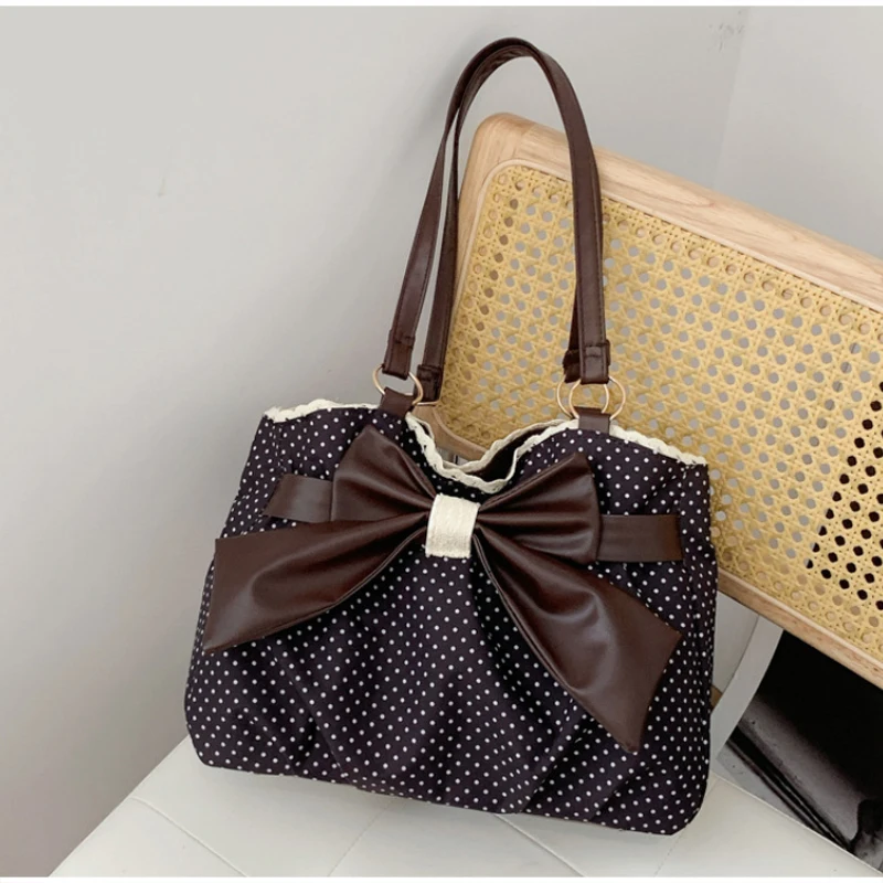 

Polka Dot Shoulder Bag With Large Bow Decor Lace Trim Large Capacity Tote Bag Sweet Vintage Style Women Versatile Commut Handbag