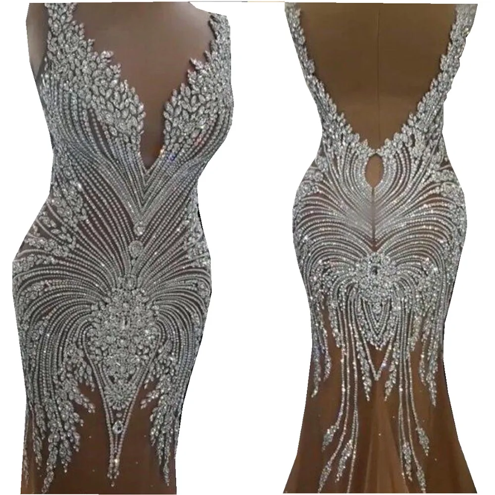 Luxury Handmade Sequin Rhinestone Hot Diamond Material DIY Deep V Neck Hard Beading Tulle Apparel Long Party Dress Fabric