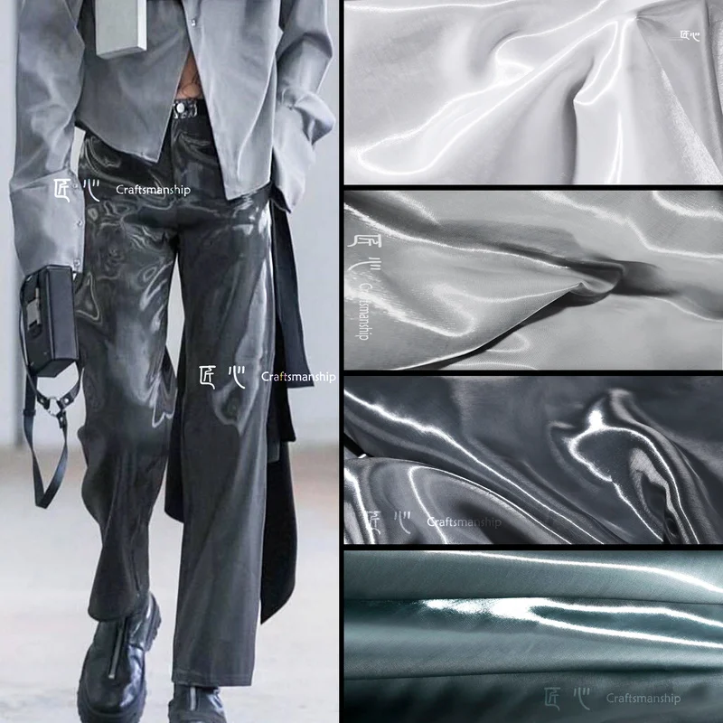 1 m Gray Liquid Reflective Fabric Crystal Trench Coat Pants  Smooth Flash Wedding Dress Clothing Designer Fabrics half meter