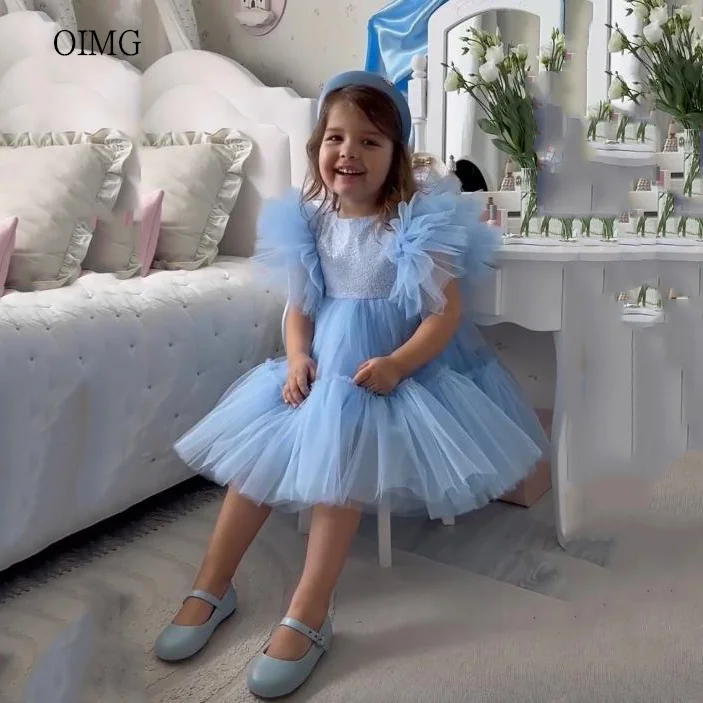 OIMG-vestidos de niña de flores con bola azul brillante, vestido de princesa con cuello redondo, vestido de fiesta de boda hasta la rodilla, vestido de princesa para cumpleaños personalizado