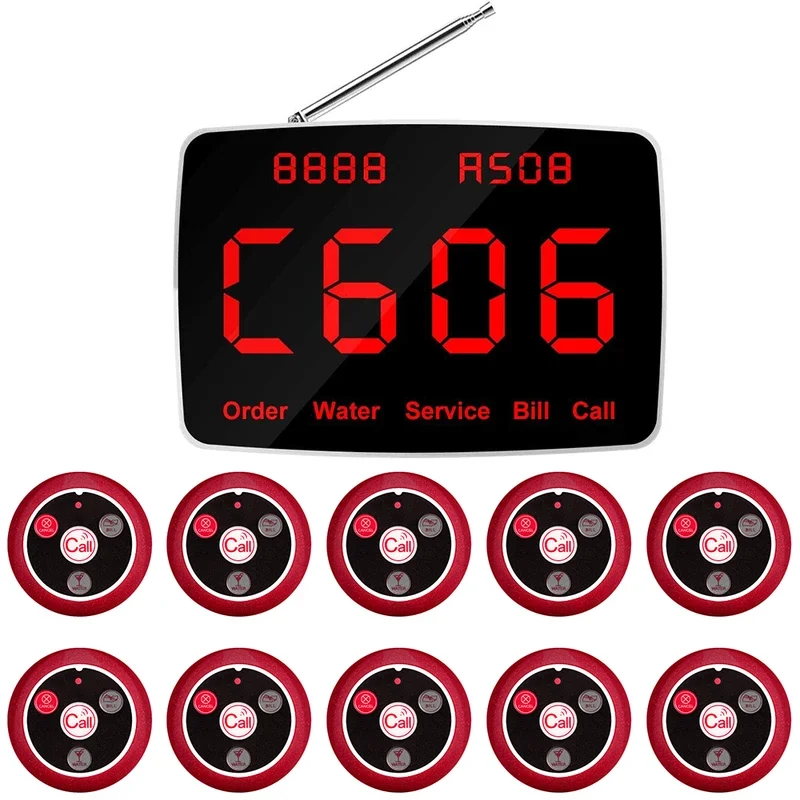 

QWICALL 10 pcs of Table Call Button 1 Display Monitor Receiver for Restaurant , Wireless Waiter Calling System