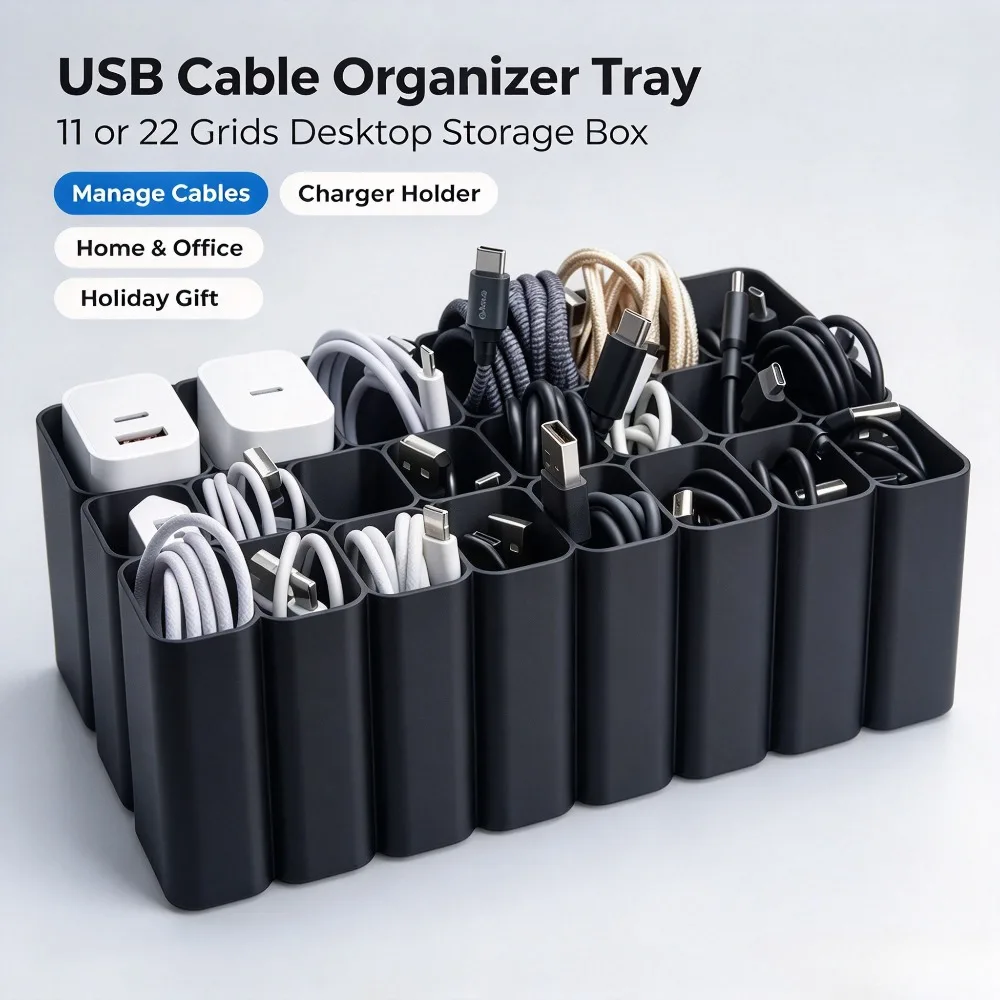 11/22 Grids USB Cable Storage Tray Wire Management Box Desktop Electronic Accessory Organizer Home Office Holiday Present Gift