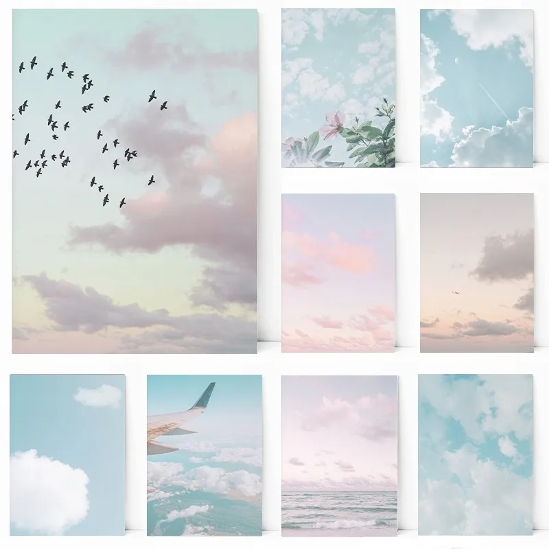 Birds Flying Blush Pink Blue Sky Pastel Cloud Sunset Poster Canvas Printing Decor Living Room Bedroom Wall Art Home Decor Gifts