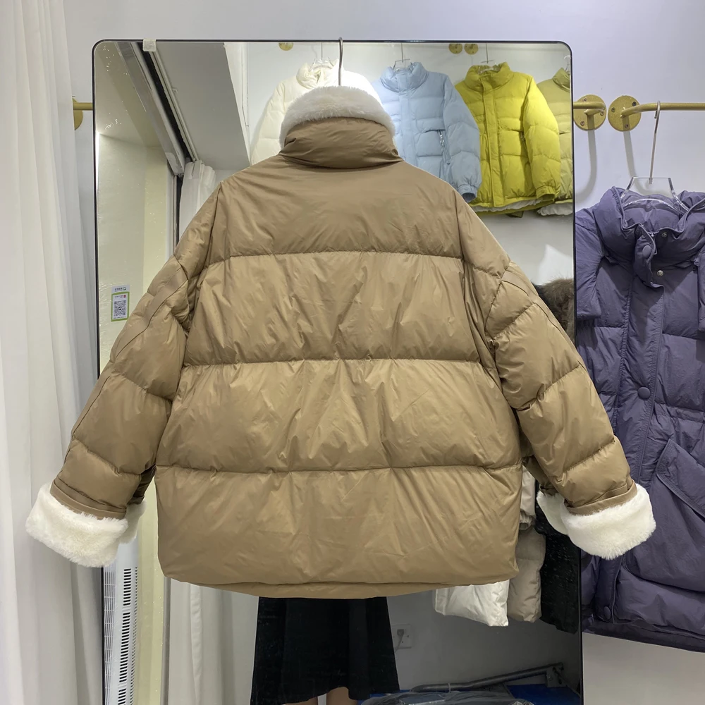 Manteau en duvet de canard blanc pour femme, col en fourrure de lapin carillon, veste courte épaisse et chaude, hiver, nouveau, 2023