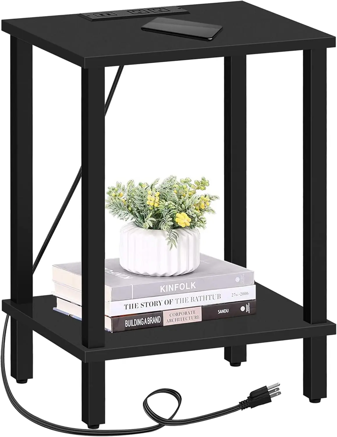 

End Table with Charging Station, Side Table with USB Ports and Outlets, Nightstand, 2-Tier Storage Shelf, Sofa Table for