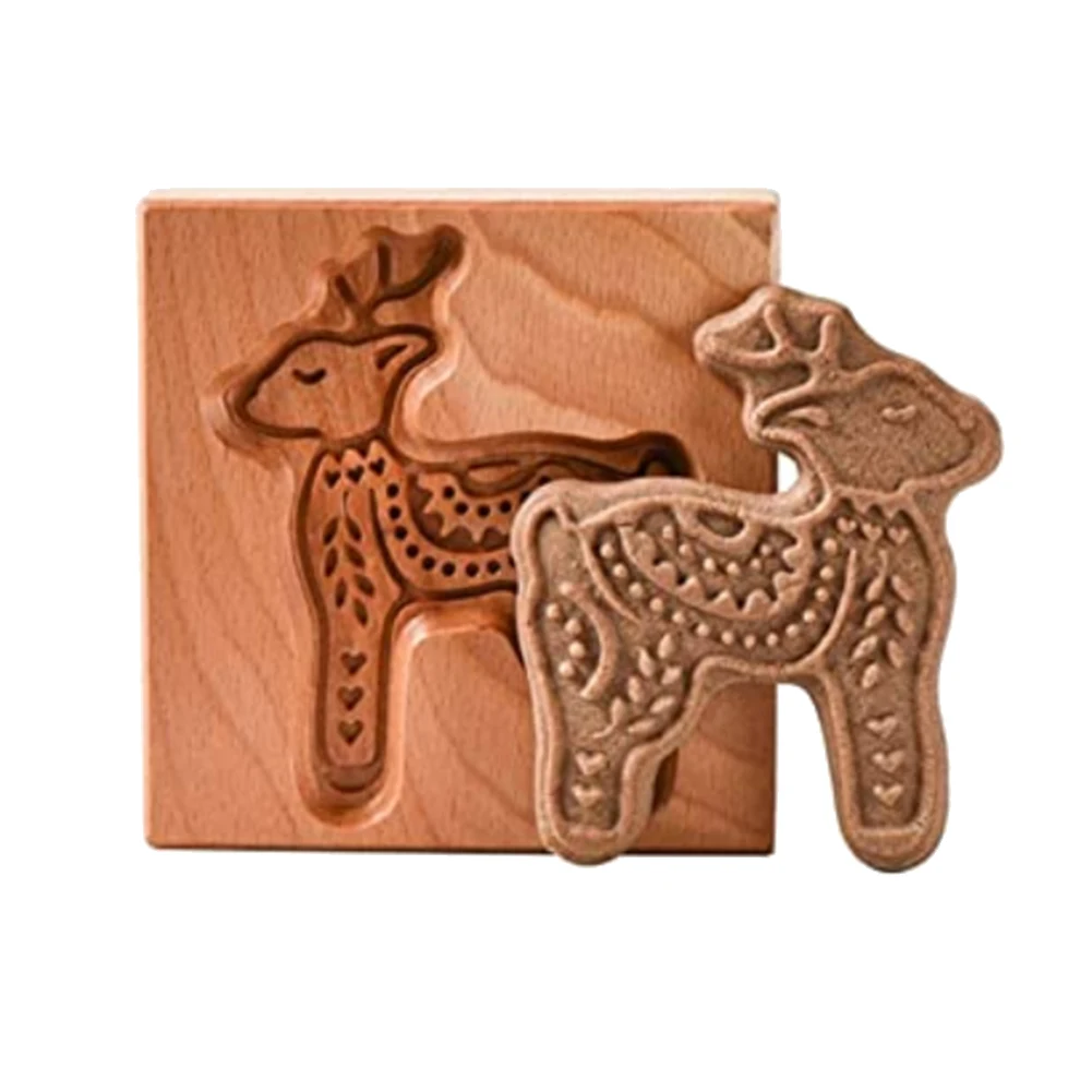 

Wooden Cookie Molds, Interesting Cookie Wood Carving Embossing Molds, Holiday Craft Decoration Baking Tools (Deer)