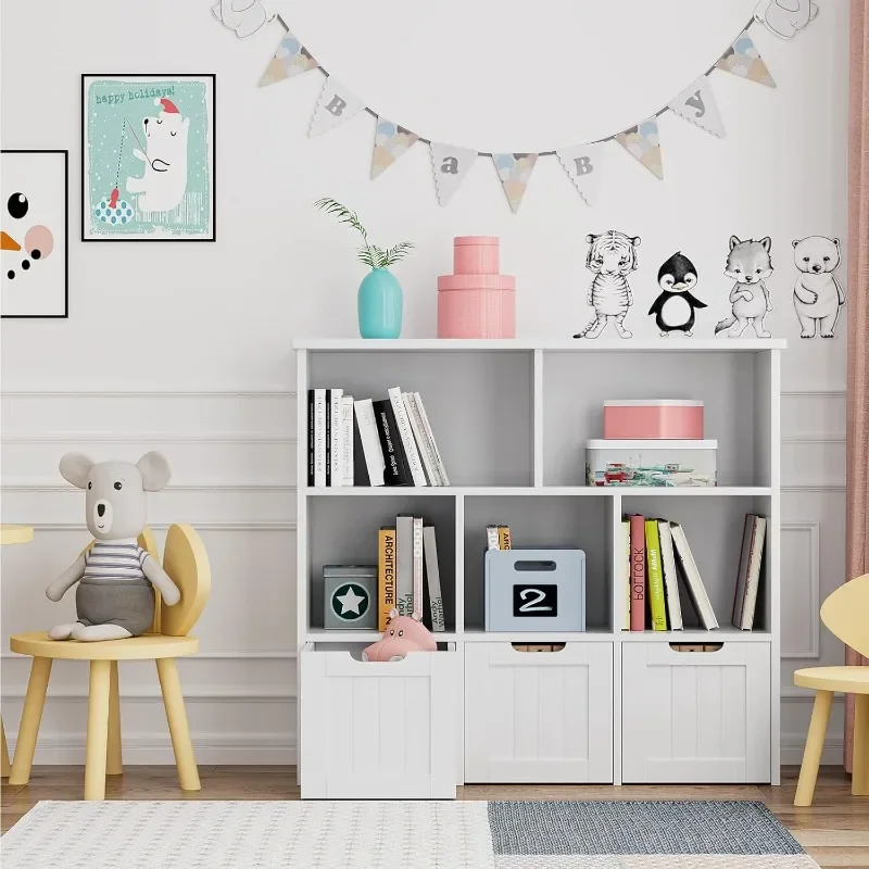 Armoire de rangement pour jouets avec roues cachées, armoire de rangement au sol, coffre à jouets, 3 égouts de proximité mobiles, 5 cubes de rangement