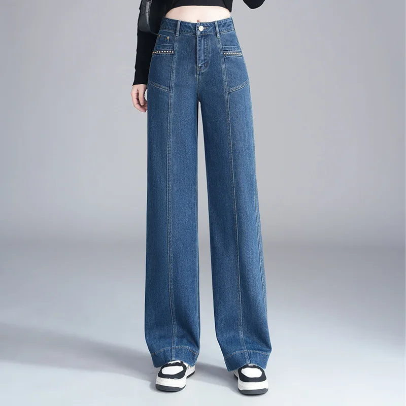 جينز للنساء صيفي فضفاض ثنيات مستقيمة سراويل تنحيف متعددة الاستخدامات عالية الخصر سراويل طويلة #2