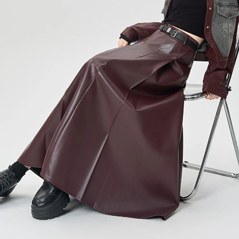 Ankola red leather skirt  autumn and winter 2025 new high waist and thin a-shaped hip medium and long umbrella skirt