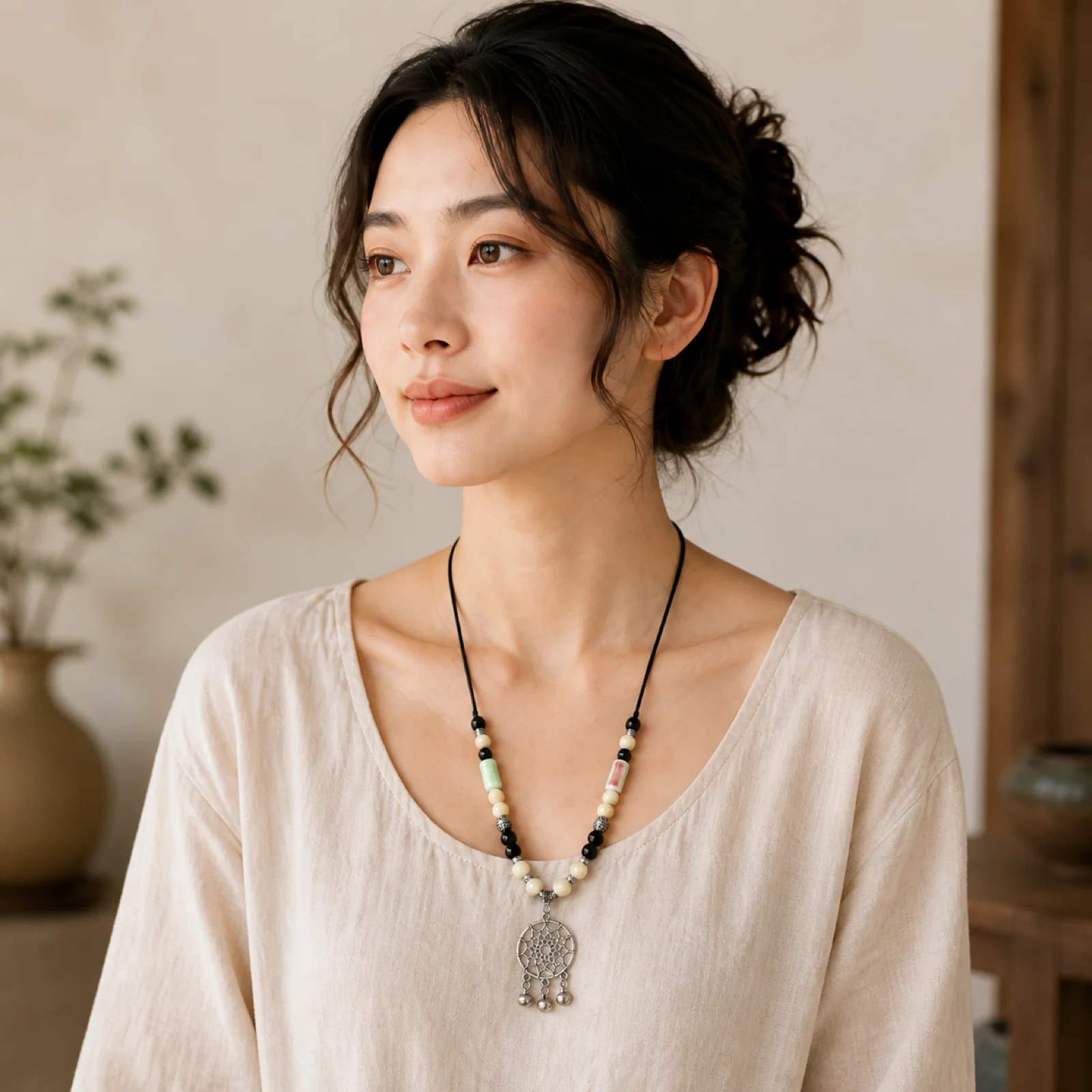 Green Ceramic Bell Net Handmade Necklace with Waxed Cord Braiding and Alloy Charm Adjustable Jewelry 608P12-14