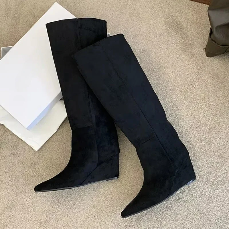 Aneikeh Comfortable soft leather Women Pointed Toe Knee High Boots Wedge Heel Fashion Vintage Winter Boots Botas Mujer