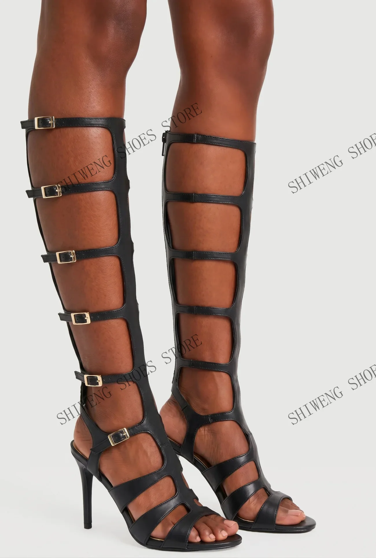 2026 Women's  Knee High Gladiator Sandal Boots Stiletto Heel Sexy Summer Beach Dress Women Shoes Leather Mixed Color 44