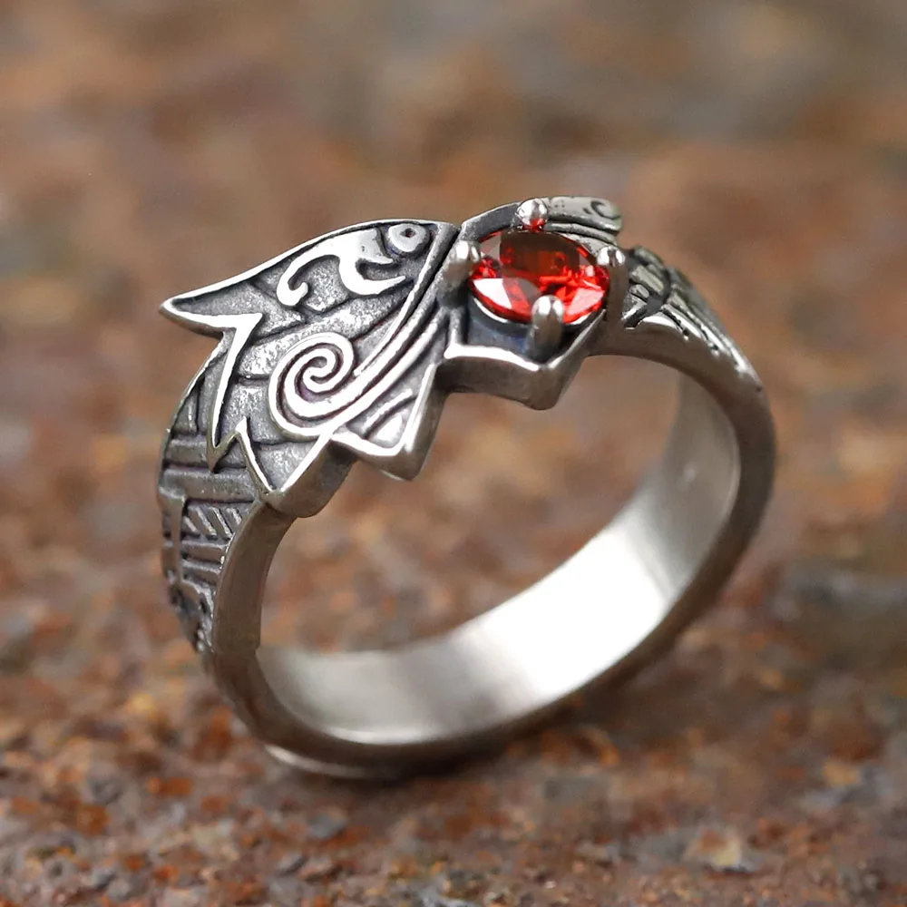 2024 new Stainless Steel Viking  Dragon Ring with Red zircon Men\'s Fashion Vintage Animal Dragon Ring Viking Jewelry Gift