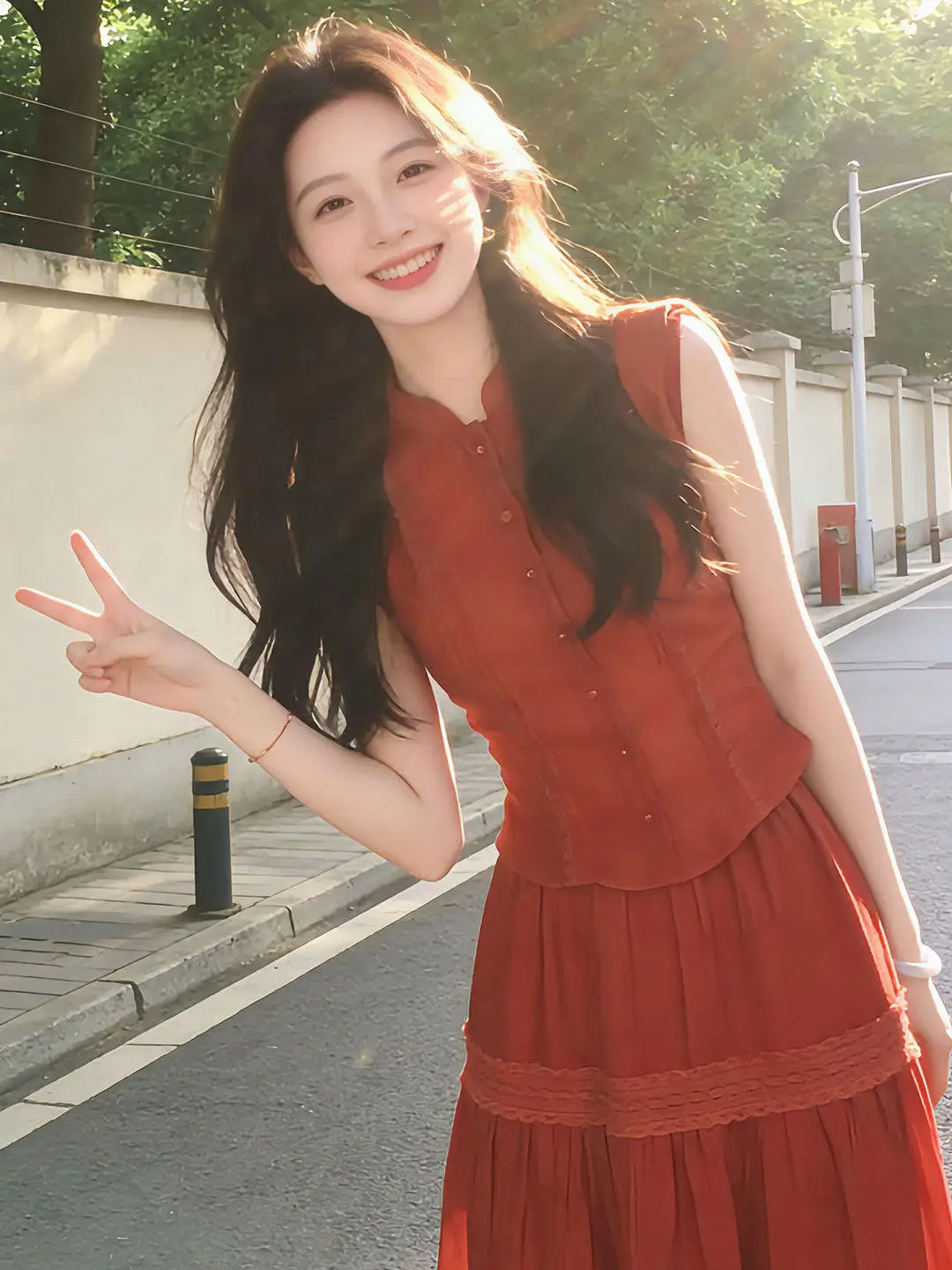 

French Holiday Style Red Sleeveless Top Women's Summer Bright Matching Lace Paneling Skirt Two-Piece Set Breathable High Waist