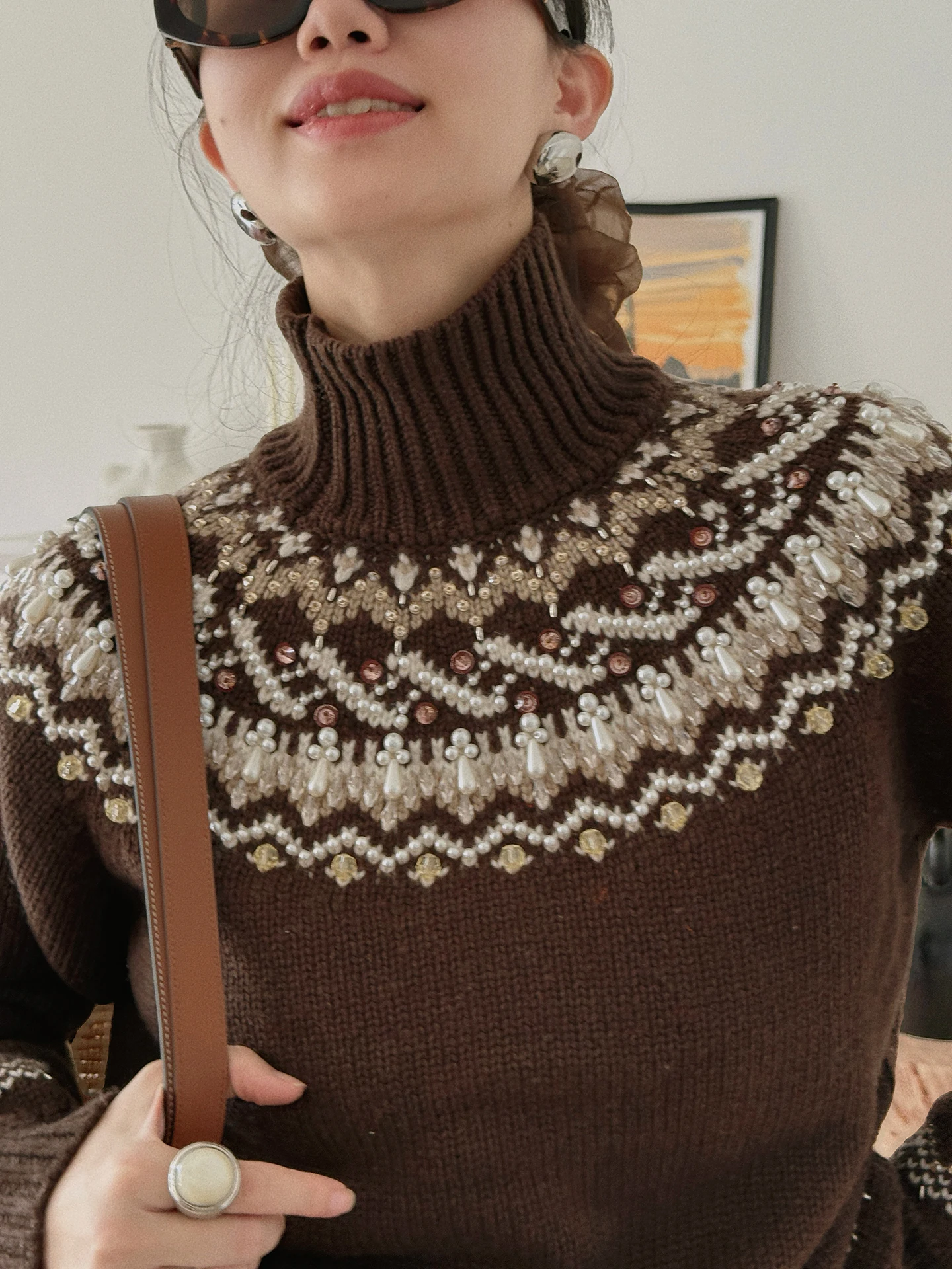 

TOP Home Sparkling Eye Vintage Heavyweight Handmade Bead Fair Isle Micro-Thi Wool Knitted Sweater Street Sle Loose Fit Di...